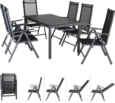 Image de Salon de jardin aluminium Bern 6+1 anthracite table 140x80cm chaise haute pliante plateau WPC dossier 7 positions mobilier de jardin