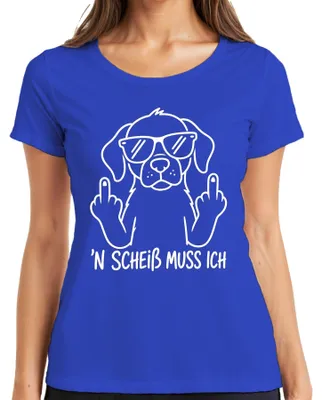 Immagine prodotto di T-shirt da donna, colore blu, taglia M, con scritta "N" e immagine di un cane che mostra il dito medio, con tono sarcastico e divertente