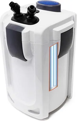 A white external filter for an aquarium with a cutaway showing internal components.