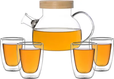 Produktbild von Kira Teeset / Teeservice / Teekanne Glas 900ml mit Tüllensieb, Bambusdeckel und 4 doppelwandige Teegläser je 200ml