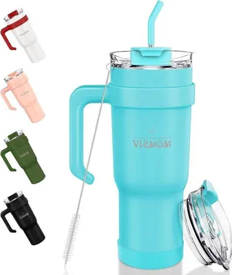 Produktbild von Famanu Thermobecher mit Strohhalm und Griff 1100 ml - doppelwandig Edelstahl vakuumisoliert - blau