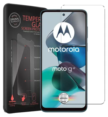 A product shot of a screen protector packaging and the screen protector itself, placed next to a Motorola smartphone.