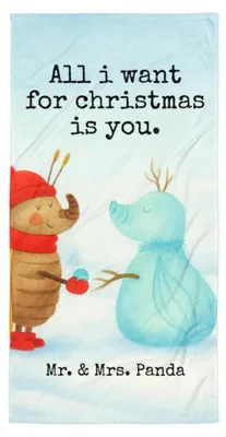 Produktbild von Mr. & Mrs. Panda Strandtuch Nachtfalter Schneemann Design - Weiß - Geschenk, Großes Badehandtuch, Handtuch, Weihnachtsgruß, Schnee, Winter, Weihnachten, Duschtuch