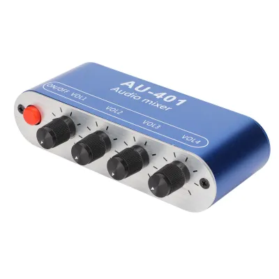 A blue audio mixer with four volume knobs and an on/off button is shown against a white background.