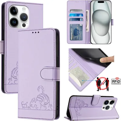 Produktbild von Leder Hülle für iPhone 15 Pro Süße Katze Flip Case Brieftasche Schutzhülle mit Standfunktion Lila
