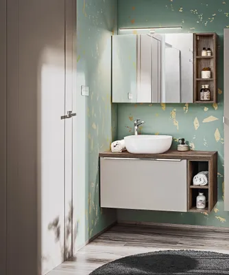 Produktbild von Badmöbel Set 5-tlg Badezimmerset AKAN Taupe Spiegelschrank 80cm inkl. Waschtisch