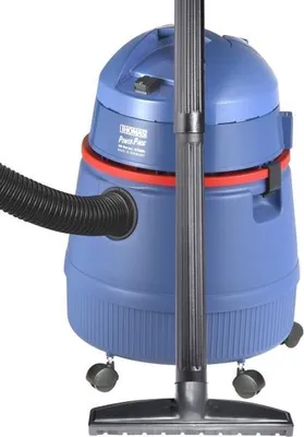 A blue wet and dry vacuum cleaner with a black hose and a gray handle and floor attachment, shown on a white background.