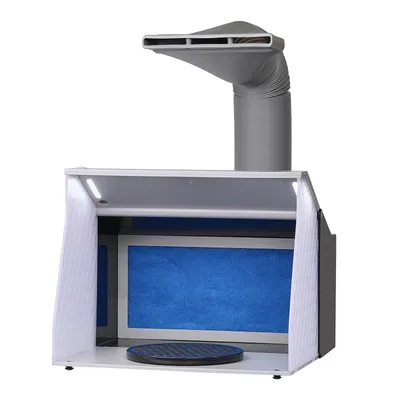 A product shot of an airbrush spray booth with a ventilation hose.