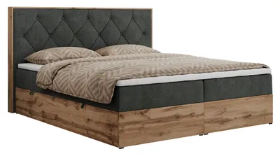 Produktbild von MKS MEBLE Boxspringbett 180x200 mit Bettkasten Eiche, Polsterbett 180x200 mit Matratze H3, Bett 180x200 mit Kopfteil, Bett mit Holzrahmen in Wotan Eiche - Dunkelgrau Struktur - Veneto
