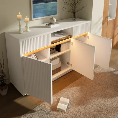 Image de Commode à 2 tiroirs et 3 portes, 140 x 85 x 40 cm ; buffet blanc avec éclairage LED ; meuble de salon moderne, meuble d'entrée ; buffet à étagères réglables