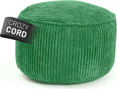 A green corduroy pouf on a white background.