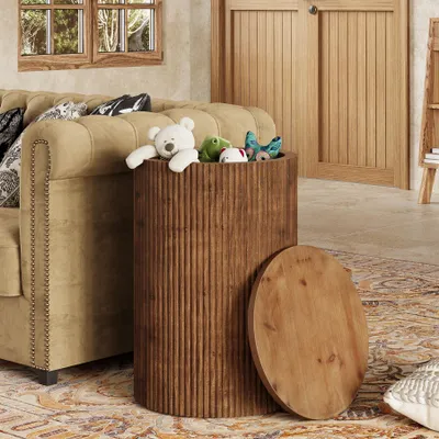Produktbild von Tribesigns Runder Beistelltisch aus Massivholz mit Stauraum, Nachttisch mit 4 Rollen, kein Aufbau erforderlich, Nachttisch aus Holz für kleine Räume
