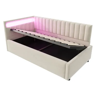 Produktbild von Merax Tagesbett Schlafsofa 90x200 cm mit LED-Kopfteil und hydraulischem Stauraum, Polsterbett mit vertikalem Streifendesign und Samtbezug, Beige