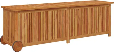 A long, wooden storage chest with wheels, presented on a white background.