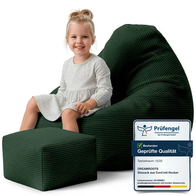 Image de Dreamroots Bean Bag 70x70x70 cm Pouf enfants avec dossier et tabouret et housse Coussin de sol Chill Sack Pouf avec garnissage, Forest Symphony