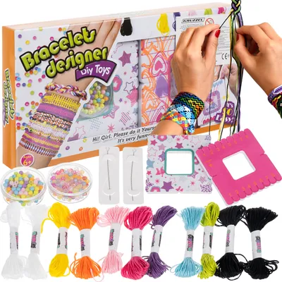 A bracelet designer DIY toy kit is shown with various components including threads, beads, and tools, along with a box displaying the product and its use.