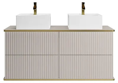 Produktbild von Waschbeckenunterschrank hängend mit Rillenoptik und Goldrand mit Aufsatzwaschbecken - Beige - 150 cm KELIZA