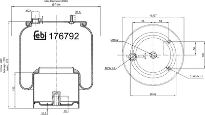 Produktbild von FEBI BILSTEIN Luftfederbalg 176792 ungelenkte Nachlaufachse für DAF XF 105 175mm 480mm 168mm 227mm