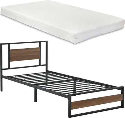 Obrázek produktu pro Kovová postel 'Villach' s matrací 90x200cm ocelový rám vzhled černého ořechu