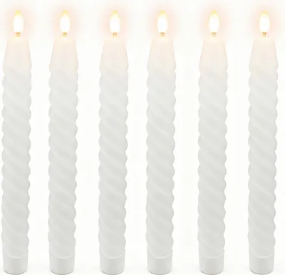 Produktbild von Relaxdays LED Stabkerzen, 6er Set, HxD: 25 x 2 cm, flackernde Flamme, Echtwachs, gedreht, flammenlose Kerzen, weiß
