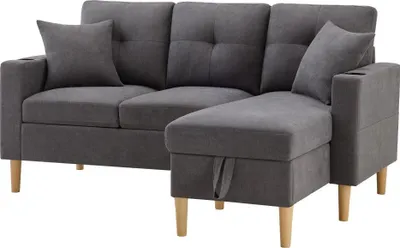 Produktbild von AIORBER L-förmiges 3-Sitzer Sofa, Ecksofa mit Chaiselongue, Stauraum, Getränkehalter & 2 Kissen, Modernes Sofa für Wohnzimmer & Büro