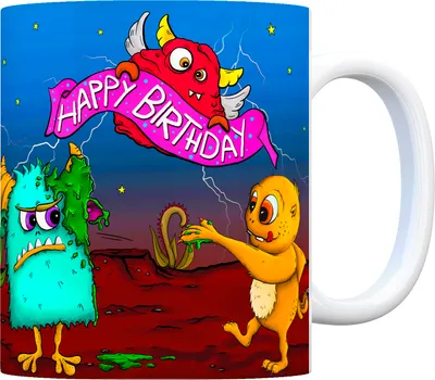 Produktbild von Kaffeebecher mit Monster Geburtstagsparty Motiv und Spruch: Happy Birthday