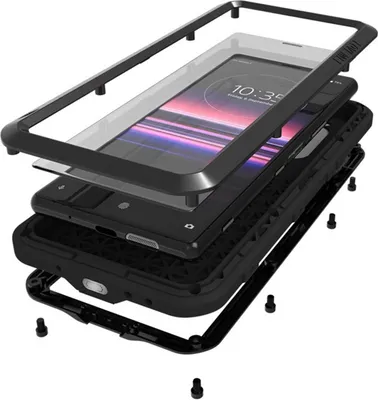 An exploded view of a phone case for a Sony Xperia 5.