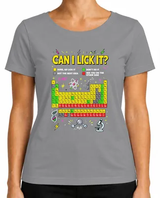 Imagen del producto de Camiseta para mujer, color gris, talla L, con la frase "Can I Lick It Science Chemistry Periodic Table Statement" (que podría traducirse como "Puedo lamerlo. Ciencia, química, tabla periódica. Declaración")