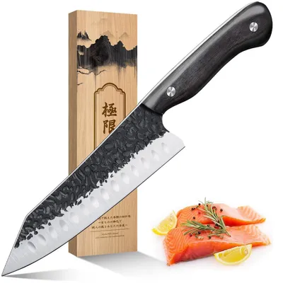 Image de Couteau de chef Santoku, lame en acier carbone ATS-34, forgée et martelée, angle de coupe en V de 15°, manche en bois, couleur bleue