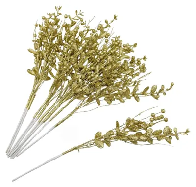 10 Kunststoff-Weihnachtsglitzerbeerenstiele, 42 cm, Gold