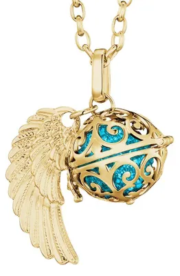 Productafbeelding van Morella damesketting, goudkleurig, roestvrij staal, 70 cm, met gouden hanger in de vorm van een engelenvleugel en een klankbol met turquoise zirkonia, diameter 16 mm, geleverd in een sieradenzakje