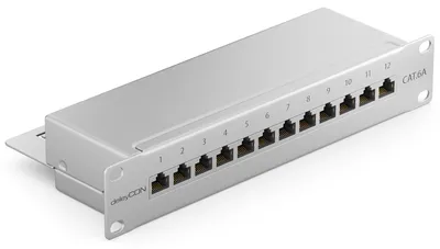 Produktbild von deleyCON CAT 6a Patchpanel Verteilerfeld 12 Port RJ45 - Lichtgrau