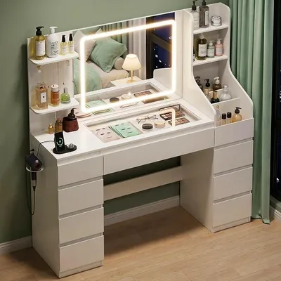 Obrázek produktu pro Kosmetický stolek se zrcadlem a osvětlením, 135 cm. Velký toaletní stolek s zásuvkou, USB portem, zásuvkami a skleněnou deskou – bílý toaletní stolek jako komoda/toaletní stolek do ložnice