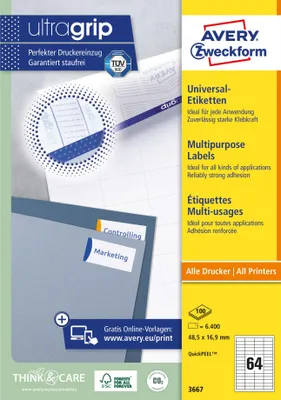 Produktbild von Avery Zweckform - Etikett Zweckform 3667 48,5x16,9mm weiß 6400 Stück