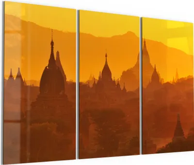 Produktbild von DEQORI Glasbild Echtglas 3x50x100 cm 'Goldene Stupas' Wandbilder XXL groß