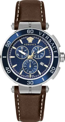 Produktbild von Versace VE3L00122 Greca Chrono silber blau braun Leder Armband Uhr Herren NEU