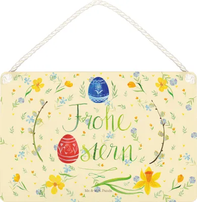 Produktbild von Mr. & Mrs. Panda Schild Ostern Frohe Ostern DIN A4 - Blumig - Geschenk, Türschild, Deko, Osterblume, Holzschild, Osterei, Bemalte Ostereier, Ostergrüße, holzbild