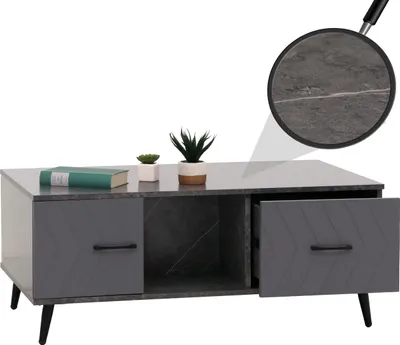 Immagine prodotto di Tavolino HWC-N89, tavolino da divano, cassetti ante scomparti a spina di pesce in legno melaminico, 42x103x60cm ~ aspetto marmo grigio