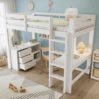 Obrázek produktu pro okwish Patrová postel 90x200 Rám postele Dětská postel s psacím stolem a zásuvkovou skříní, studentská postel z masivu s roštem bez matrace, Bílá
