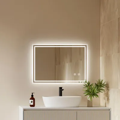 Image de Miroir de salle de bain LED EMKE, 70x50 cm. Miroir de salle de bain avec éclairage blanc froid, miroir lumineux, miroir de salle de bain, miroir mural avec interrupteur tactile, anti-buée