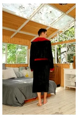 Produktbild von Bademantel für Herren mit Kapuze aus Plüsch, langer Fleece Bademantel aus Flanell