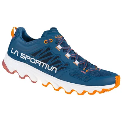 Trailrunning-Schuh "Helios III Woman" von La Sportiva in Blau mit orangefarbenen Akzenten und rutschfester Sohle.