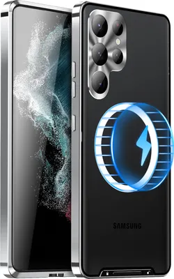 A smartphone case is shown from two angles, one showing the front and the other showing the back with a charging indicator.
