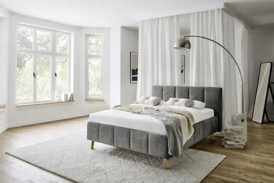 Produktbild von Meise Möbel Polsterbett Alva 140x200 cm | Bettgestell | Kopfteil mit Einzügen | Bouclé-Stoff Graphit | Holzfuß eiche