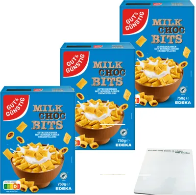 Produktbild von Gut & Günstig Milk Choc Bits 3er Pack (3x750g Packung) + usy Block
