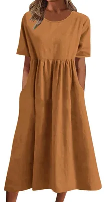 Produktbild von Sommerkleid Damen mit kurzen Ärmeln – Rundhalsausschnitt und einfarbig – Farbe: Gelb