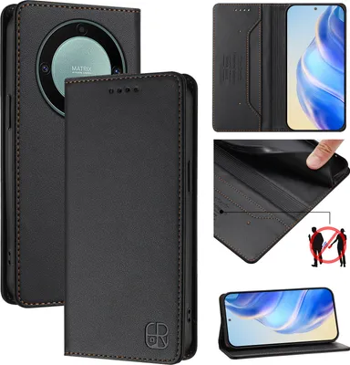 Obrázek produktu pro Kožené pouzdro pro Honor X9A / Magic5 Lite, flipové pouzdro s přihrádkami na karty, peněženkou a stojánkem Černý