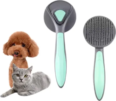Produktbild von Selbstreinigende Tierbürste Für Hunde Und Katzen, Ergonomischer Langgriff, Gummierte Borsten Für Lose Haare, Grüne Fellpflegebürste
