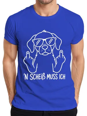 Immagine prodotto di T-shirt da uomo, taglia L, colore blu, con scritta "N scheiß" e immagine di un cane che mostra il dito medio, con tono sarcastico e divertente