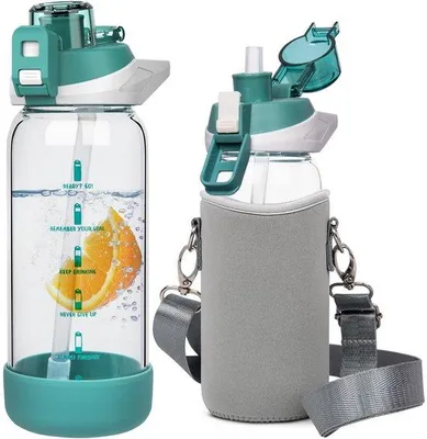 Productafbeelding van 600ml Glazen Waterfles met Rietje en Tijdmarkeringen - BPA Vrij